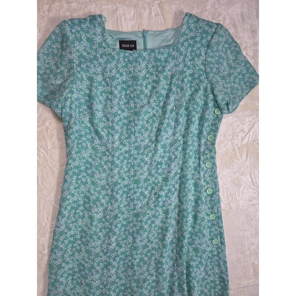 Vintage 90s Leslie Fay Floral Midi Dress Aqua Side Button Cottagecore 10P - Picture 4 of 10